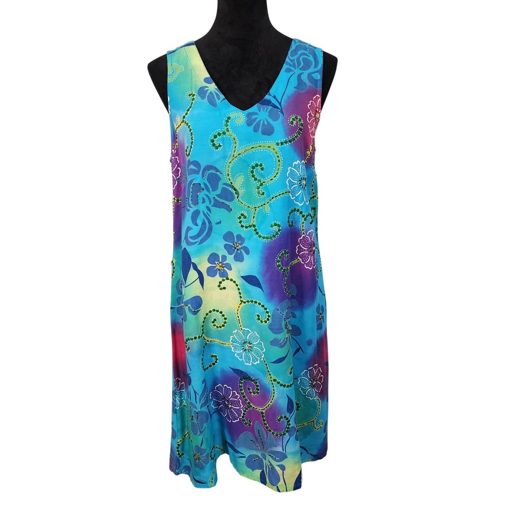 Vtg PEPPERMINT BAY Size Medium 100% Rayon Sequin Beaded Boho Beach Resort Dress